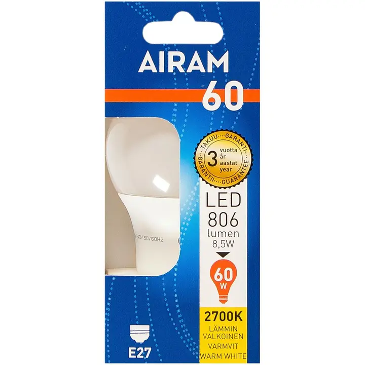 Airam LED 8.5W vakiolamppu opaali E27 806lm 2700K