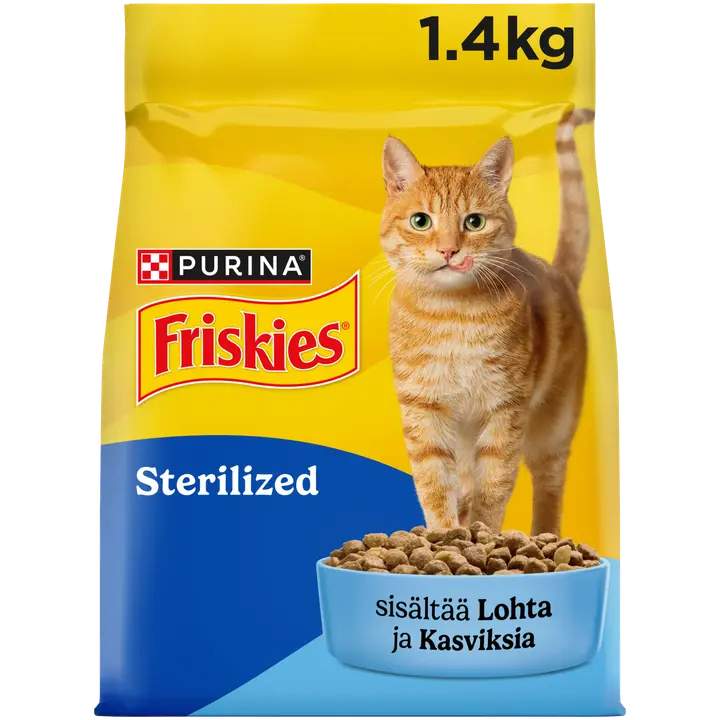 Purina Friskies® Sterilized Adult Kuiva kissanruoka sisältää Lohta ja Kasviksia 1,4kg pussi