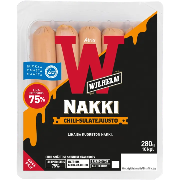 Atria Wilhelm Chili-sulatejuusto Kuoreton Nakki 280g
