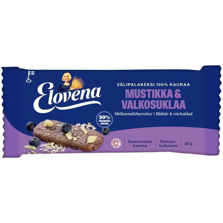 Elovena 30g mustikka-valkosuklaa täysjyvä välipalakeksi 100% kauraa