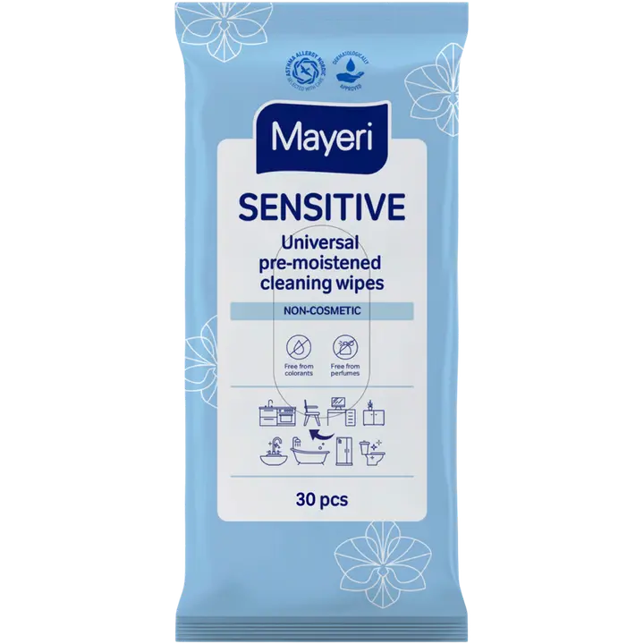 Mayeri Sensitive esikostutetut yleispuhdistuspyyhkeet 30 kpl pussi