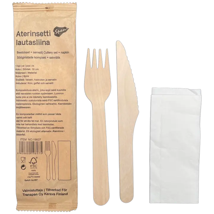 Spen puinen haarukka, veitsi ja lautasliina setti