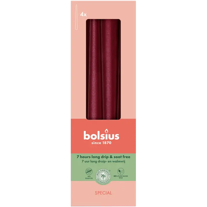 Bolsius - Special Essentials - kruunukynttilä - 24,5cm -  Red Metallic  - 4 kpl/pakkaus