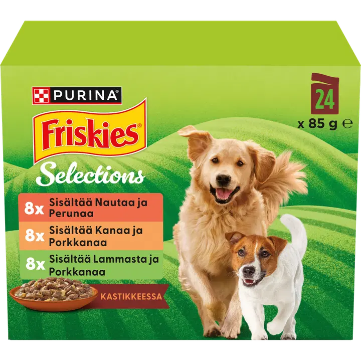 Purina Friskies Adult Kanaa, Nautaa ja Lammasta Kastikkeessa Koiran märkäruoka 24x85g