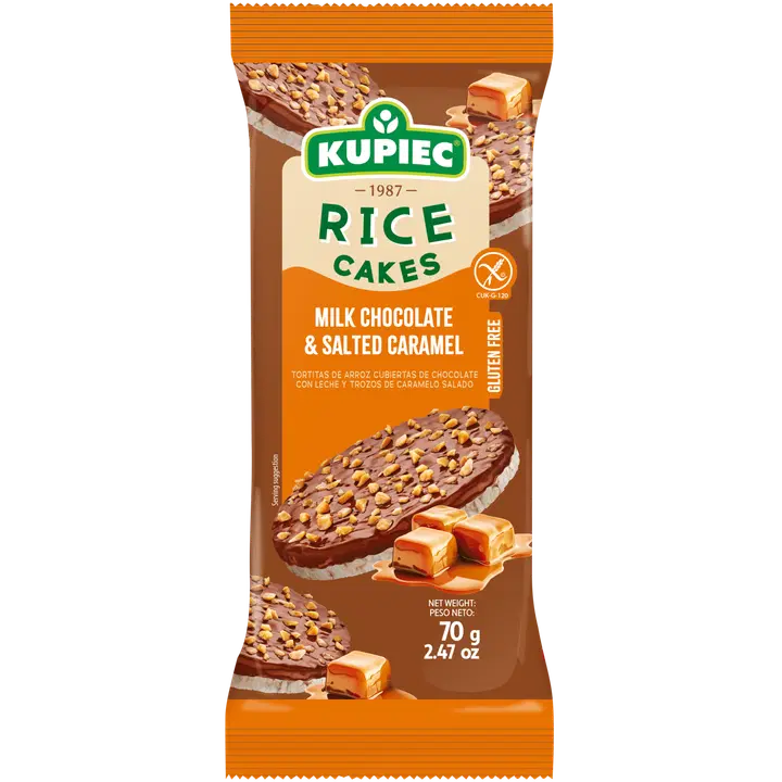 Kupiec riisivahvlid piimašokolaadi ja soolase karamelli tükkidega 70g