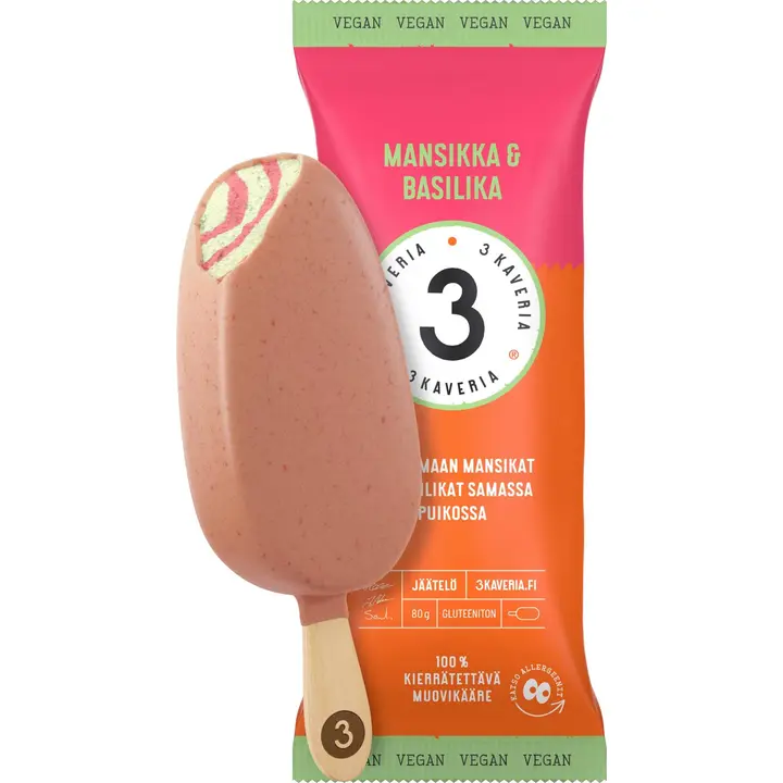 3 Kaveria Vegaaninen Mansikka & Basilika jäätelöpuikko 110ml/80g