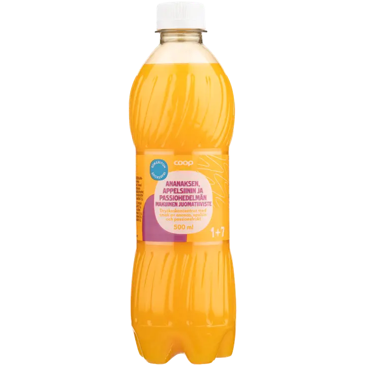 Coop sokeriton ananaksen, appelsiinin ja passiohedelmän makuinen juomatiiviste 1+7 0,5l