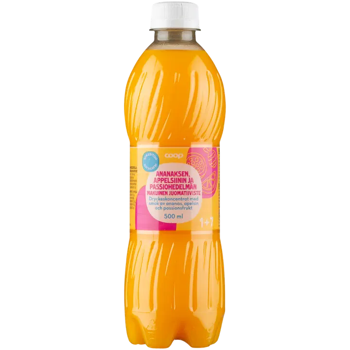 Coop sokeriton ananaksen, appelsiinin ja passiohedelmän makuinen juomatiiviste 1+7 0,5l