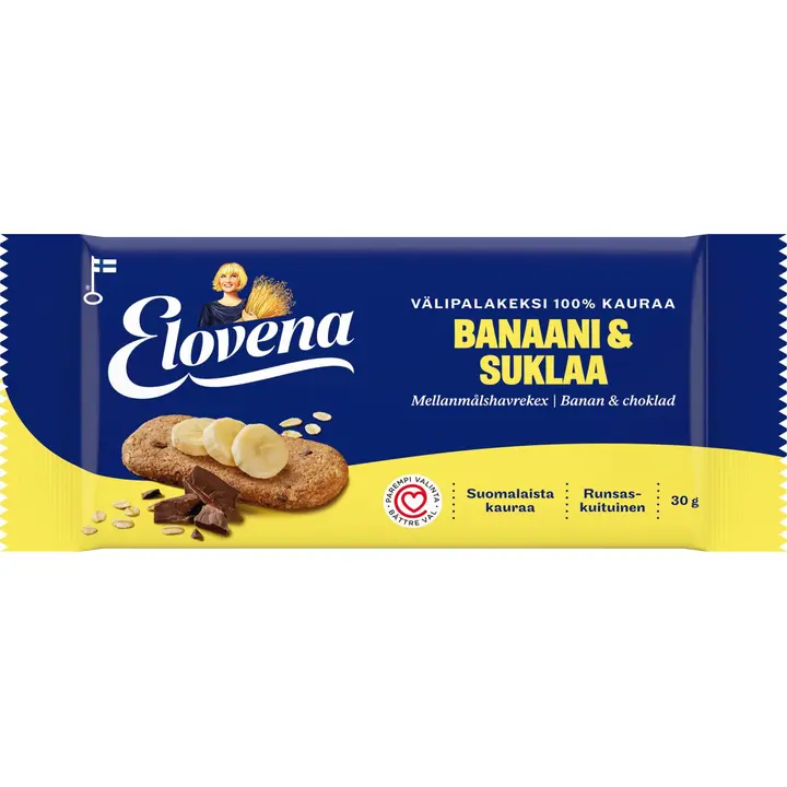 Elovena 30g banaani & suklaa täysjyvä välipalakeksi 100% kauraa