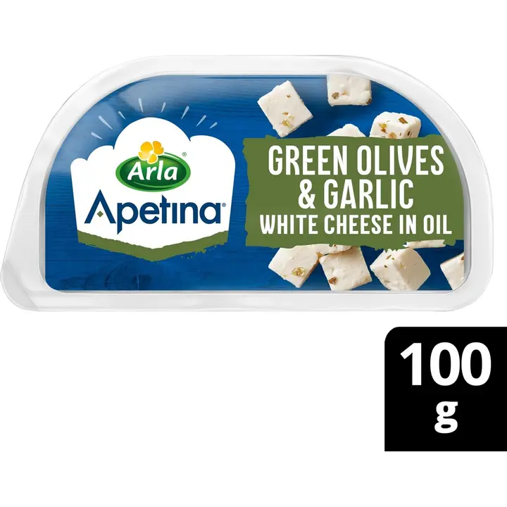 Arla Apetina 100/60g snack vihreitä oliiveja, valkosipulia ja salaattijuustokuutioita öljyssä