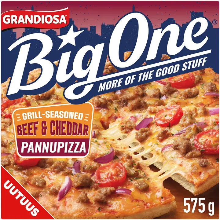 Grandiosa BigOne pan pizza beef & cheddar, jauhelihaa, tomaattia, punasipulia ja juustoa 575g