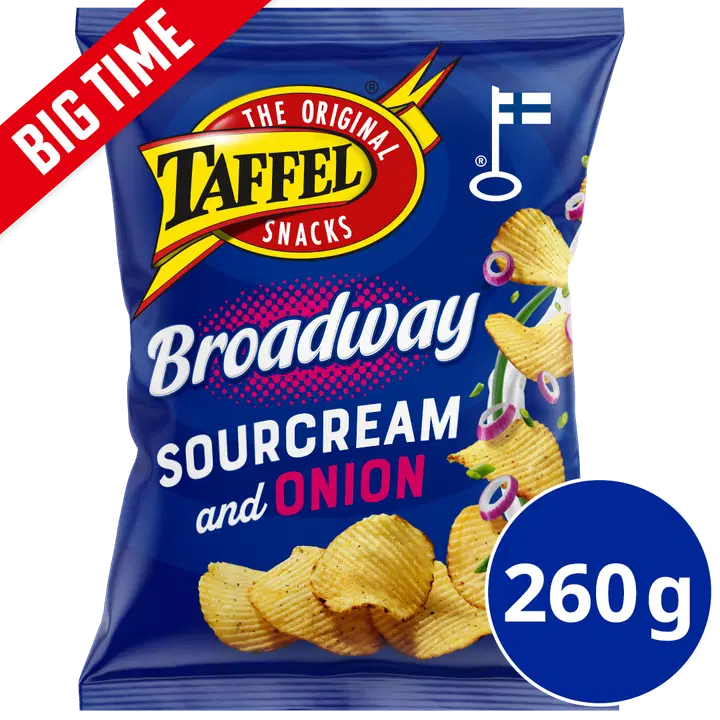 Taffel Broadway sourcream & onion kryddade chips 260g