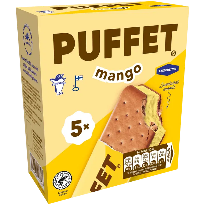 Puffet Mango laktoositon välipalajäätelö monipakkaus 5x62g/1,1dl
