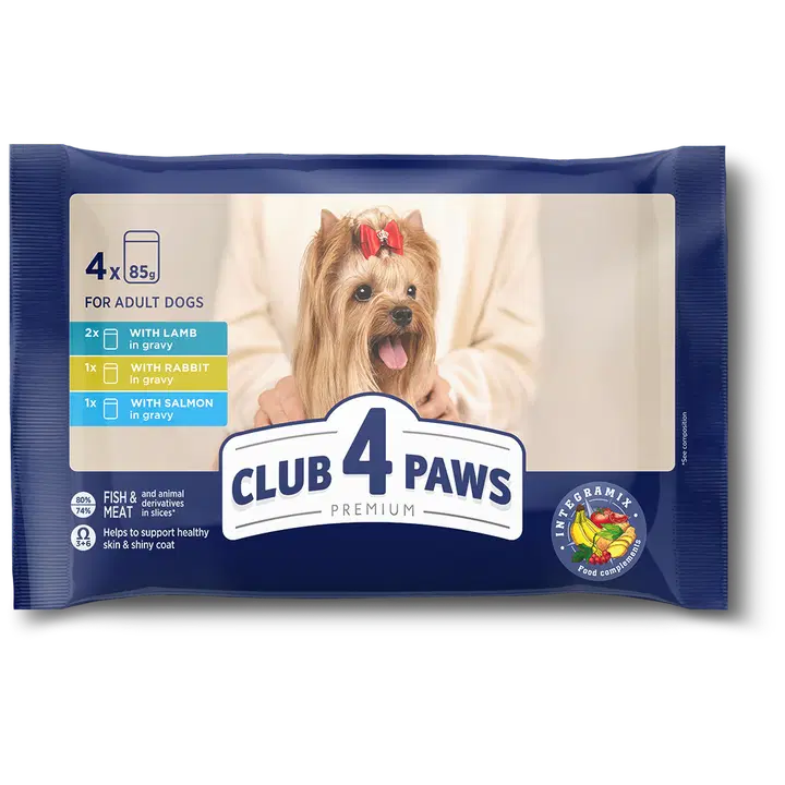 Club4Paws Premium konserv täiskasvanud koertele MIX: lambalihaga kastmes, küülikuliha kastmes, lõhe kastmes 4 × 85 g