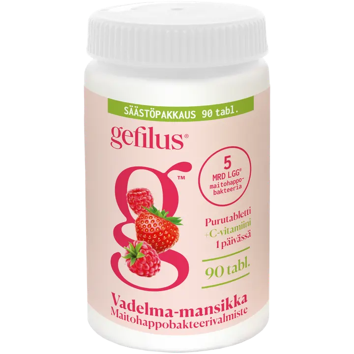 Gefilus vadelma maitohappobakteeri-C-vitamiinivalmiste purutabletti 90tabl ravintolisä