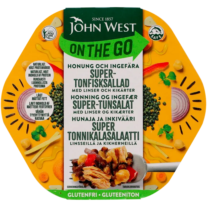 John West On The Go Hunaja & Inkivääri super tonnikalasalaatti linsseillä ja kikherneillä 220g