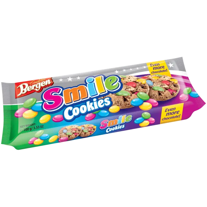 Bergen Original Cookies Smile 100g suklaahippukeksejä karamelliraekoristelulla