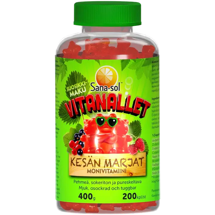 Sana-sol Vitanallet Kesän marjat metsämansikan-/mustaherukan-/punaherukanmakuinen pehmeä, sokeriton ja pureskeltava monivitamiinivalmiste ravintolisä 200kpl