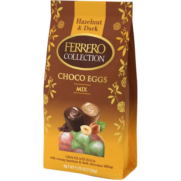Ferrero Collection minimunasekoitus 150g sisältäen maitosuklaapäällysteisiä hasselpähkinäkreemitäytteisiä ja tummasuklaapäällysteisiä kaakaokreemitäytteisiä minimunia.