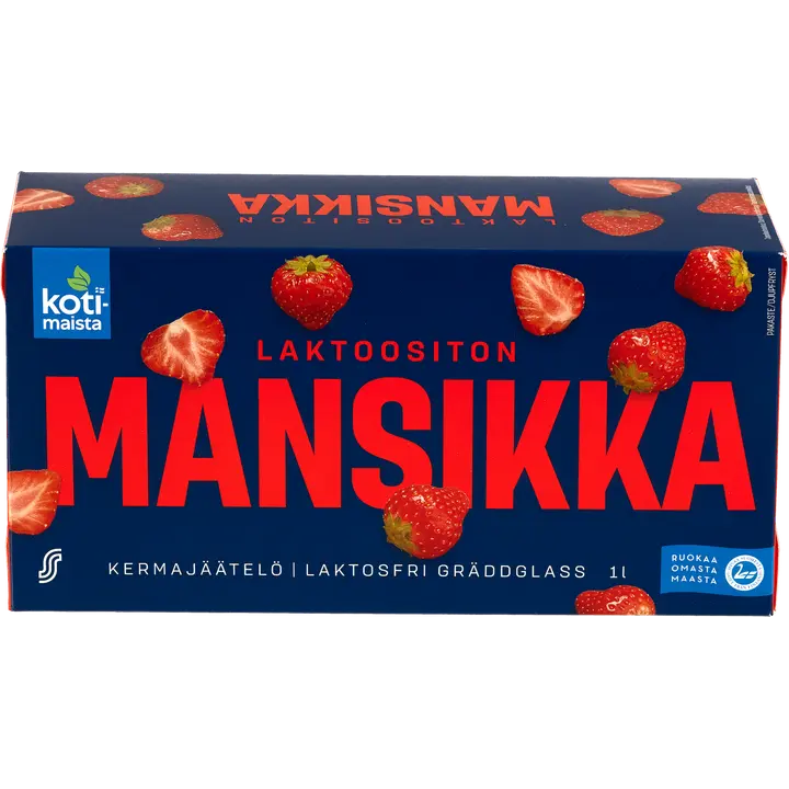 Kotimaista laktoositon kermajäätelö kotipakkaus mansikka 1L/520g