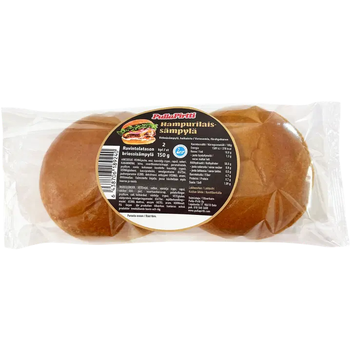 Pulla-Pirtti Hampurilaissämpylä 2/150g halkaistu laktoositon kuitupitoinen vehnäsämpylä