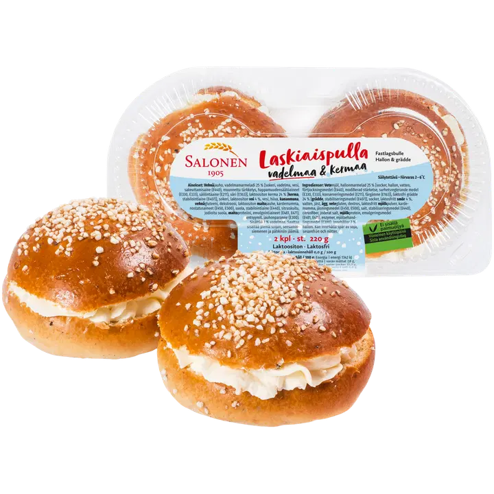 Leipomo Salonen Laskiaispulla vadelma 2/220 g täytepulla vadelma-kermatäytteellä