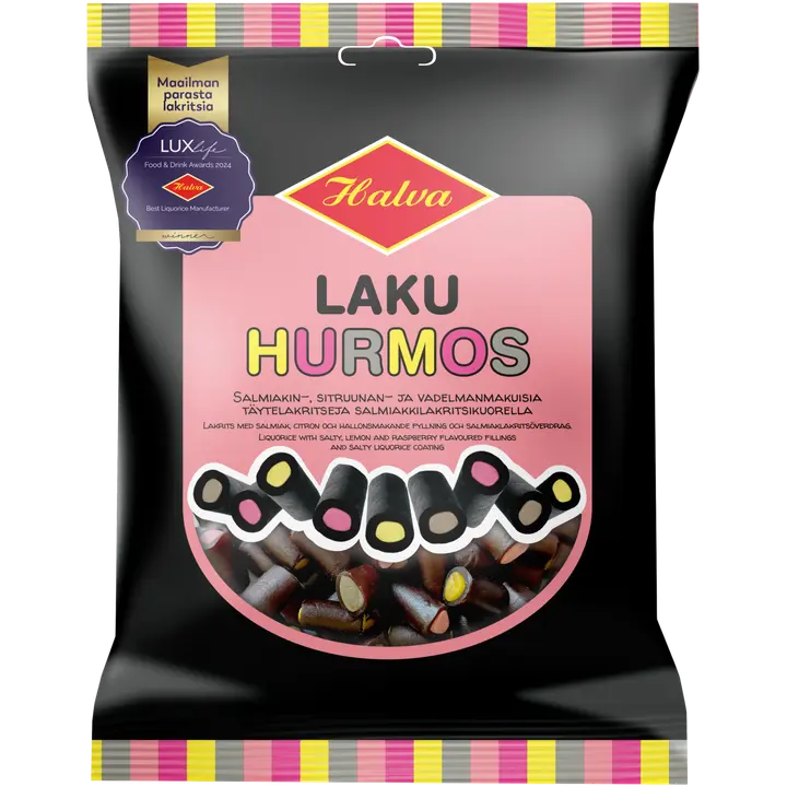 Halva Laku Hurmos Salmiakin-, sitruunan- ja vadelmanmakuisia täytelakritseja salmiakkilakritsikuorella 150 g