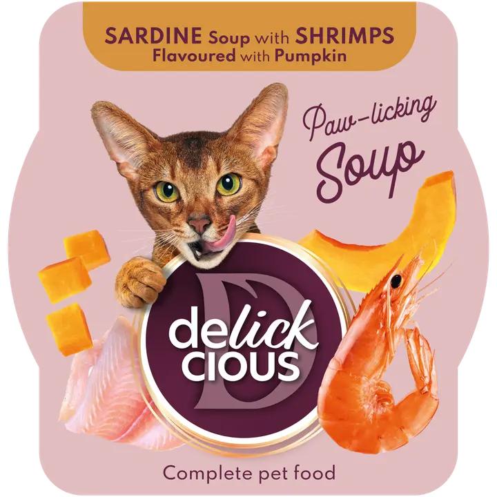 Delickcious Täisväärtuslik lemmikloomatoit täiskasvanud kassidele, Sardiinisupp krevettide ja kõrvitsaga 0,08 kg