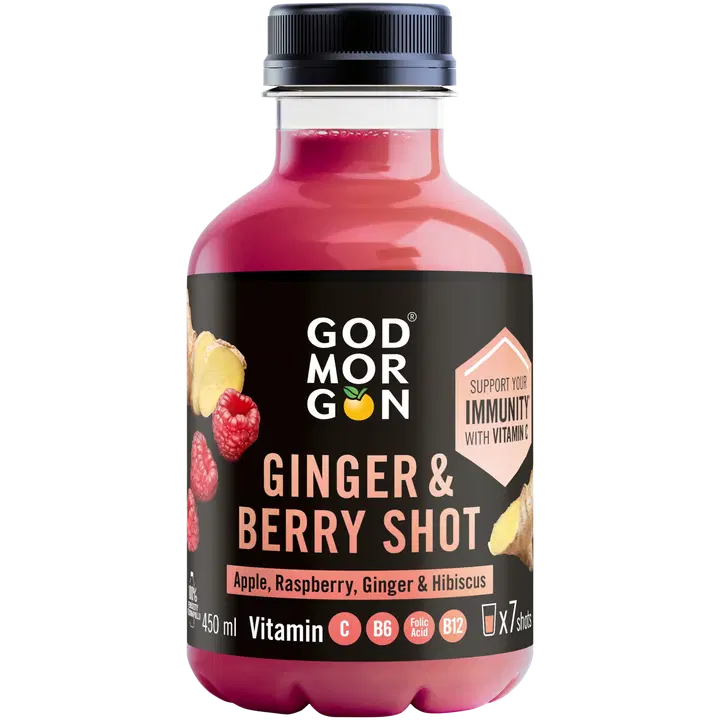 God Morgon Omena-vadelma-inkivääri-hibiskus mehushot + vitamiinit C, B6, foolihappo ja B12 450 ml