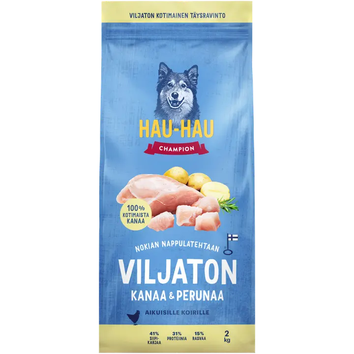 Hau-Hau Champion Nokian Nappulatehtaan Viljaton kanaa ja perunaa täysravinto aikuisille koirille 2 kg