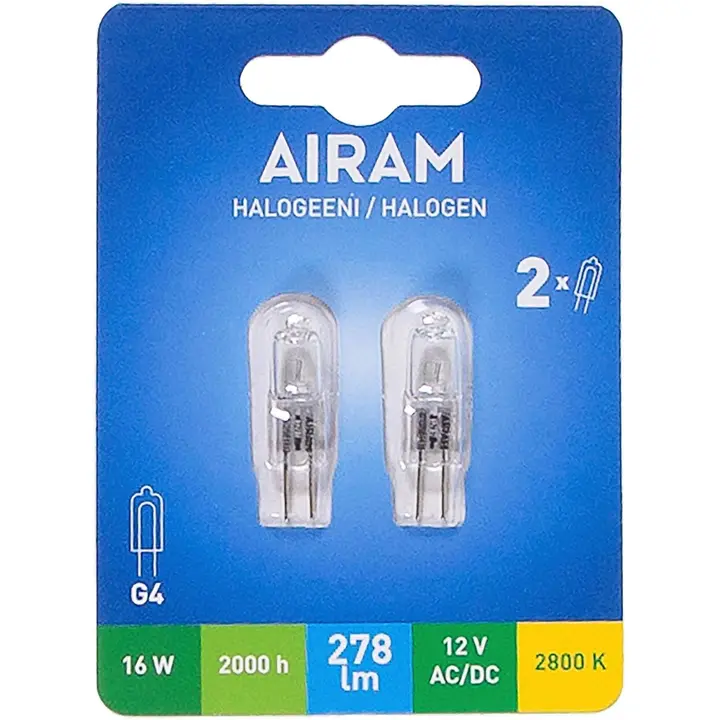 Airam halogeenilamppu 16W G4 12V 278lm 2kpl