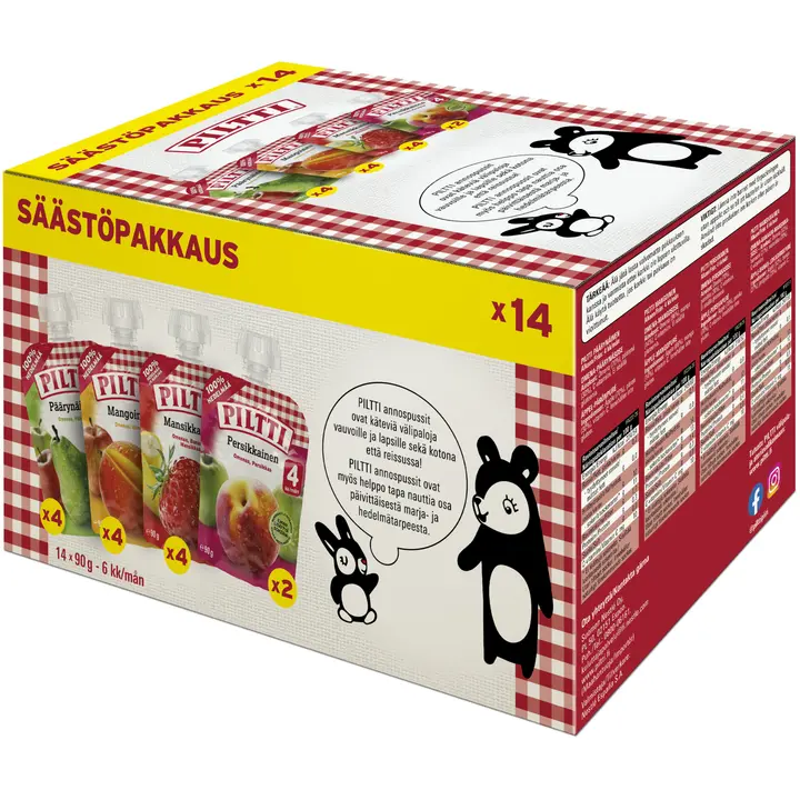 Piltti Hedelmäsoselajitelma 14x90g Omena-päärynäsose, omena-persikkasose, omena-mangosose, omena-, banaani-mansikkasose annospussi