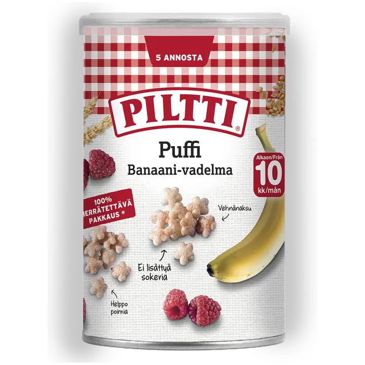 PILTTI Puffi 35g Banaanin ja vadelman makuisia vehnänaksuja 10kk
