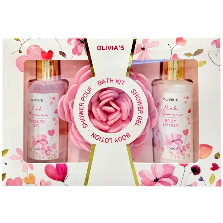 Suihkugeeli 100ml ja vartalovoide 100ml lahjapakkaus suihku kukalla.