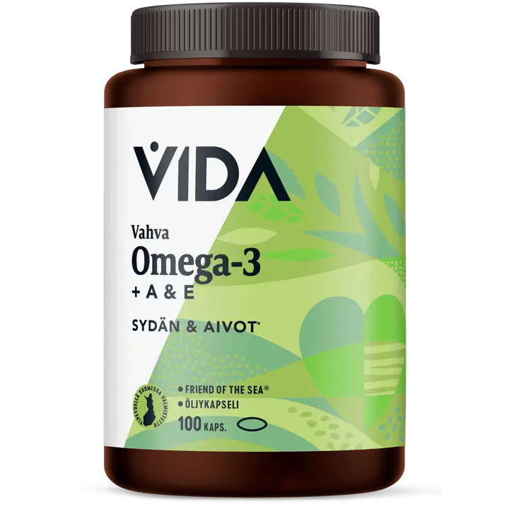 Vida kalaöljyvalmiste Vahva Omega-3 + A- ja E- vitamiinit, 100 kaps/72 g