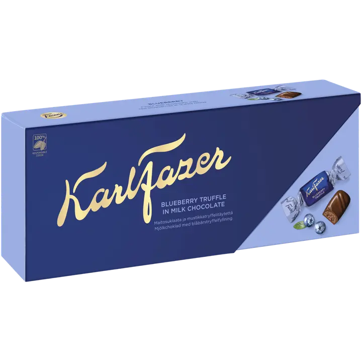 Karl Fazer mustikkatryffelitäytteisiä maitosuklaakonvehteja 270g