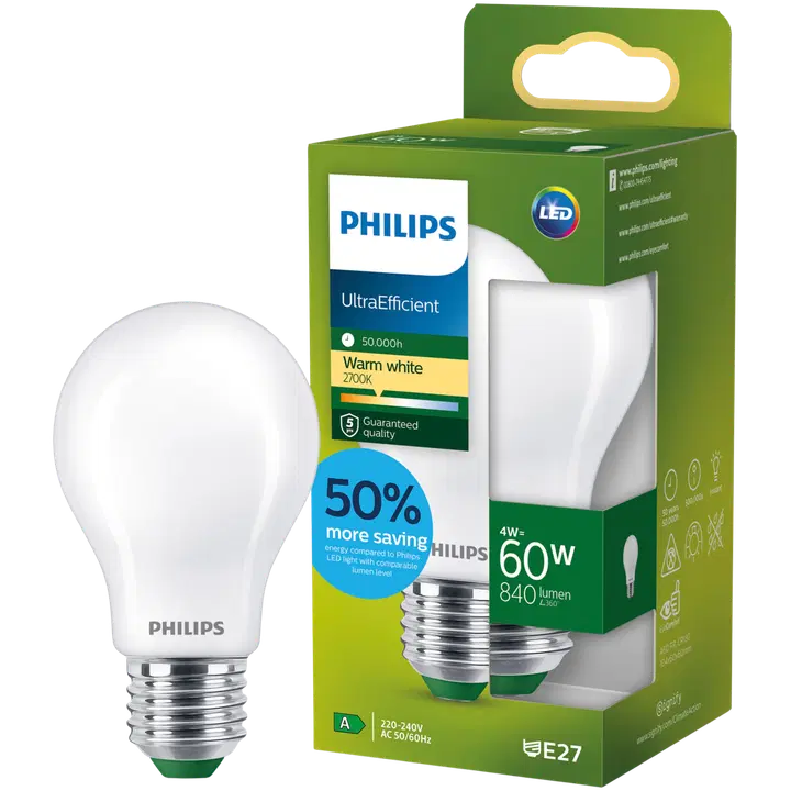 Philips Ultra Efficient LED-lamppu 4W A60 E27 2700K 840LM huurrettu