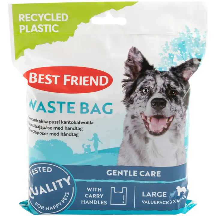 Best Friend Koiran kakkapussi L (21x39 cm) kantokahvoilla, säästöpakkaus 3 x 40 kpl kierrätysmuovia