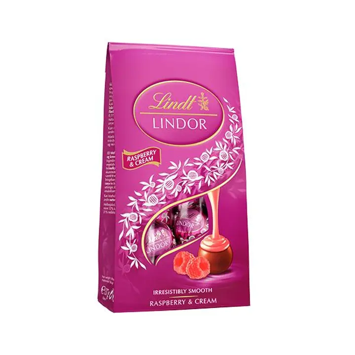 Lindt LINDOR Vadelma & kerma maitosuklaakuula pehmeällä vadelma-kermatäytteellä 137g