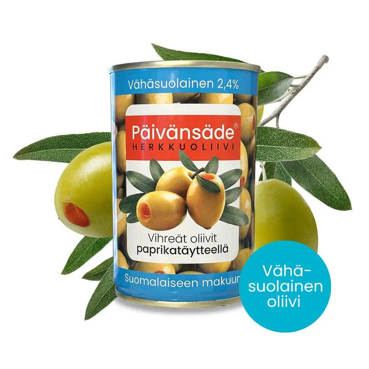 Päivänsäde Herkkuoliivi vihreät oliivit paprikatäytteellä kivetön 300g/130g