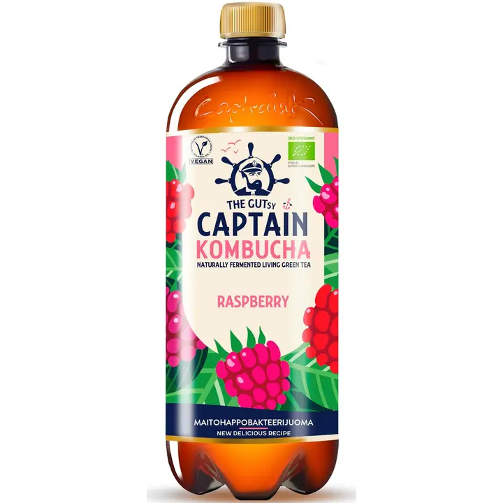 The Gutsy Captain Kombucha Raspberry, vadelmanmakuinen kombucha-juoma LUOMU 950ml