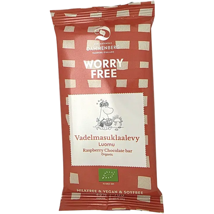 Dammenberg 46% Muumi luomu, vegaani, soijaton vadelma suklaalevy 70g