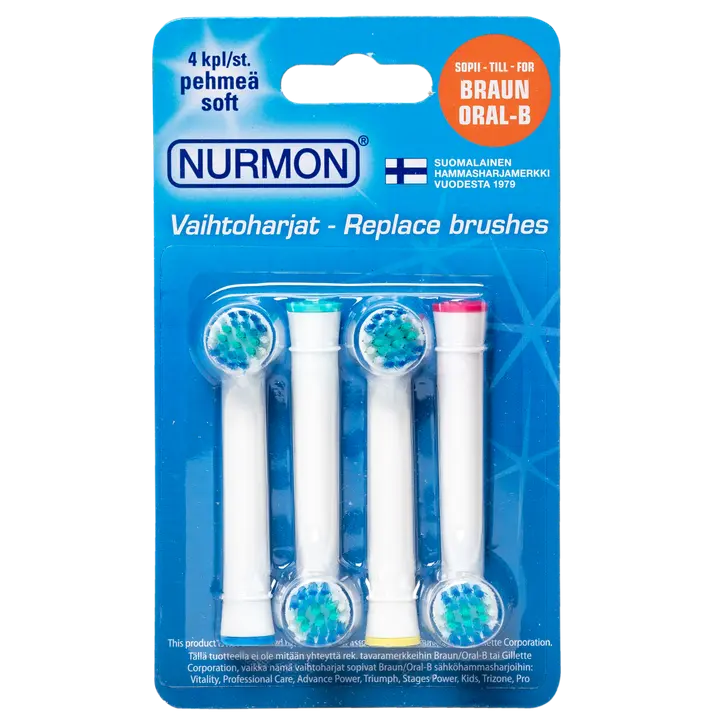 NURMON Vaihtoharjat 4 pehmeä, Oral-B yhteensopivat
