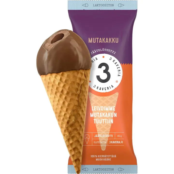 Kolmen Kaverin Jäätelö Laktoositon Mutakakku jäätelötuutti 150ml/95g