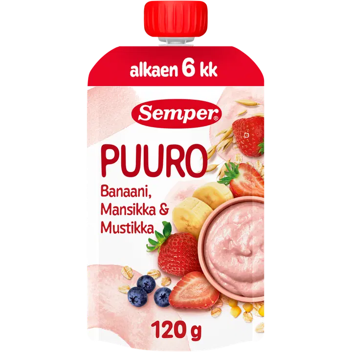 Semper Puuro Mansikka, banaani & mustikka 6kk käyttövalmis lastenpuuro 120g