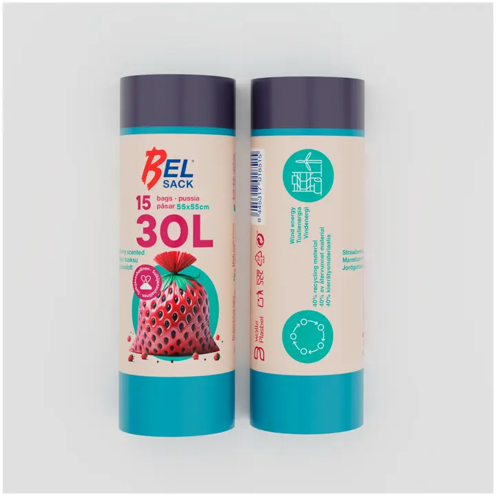 Belsack sulkijanauha roskapussi 30L, mansikkatuoksulla. 15 kpl/rll, sininen 55x50cm