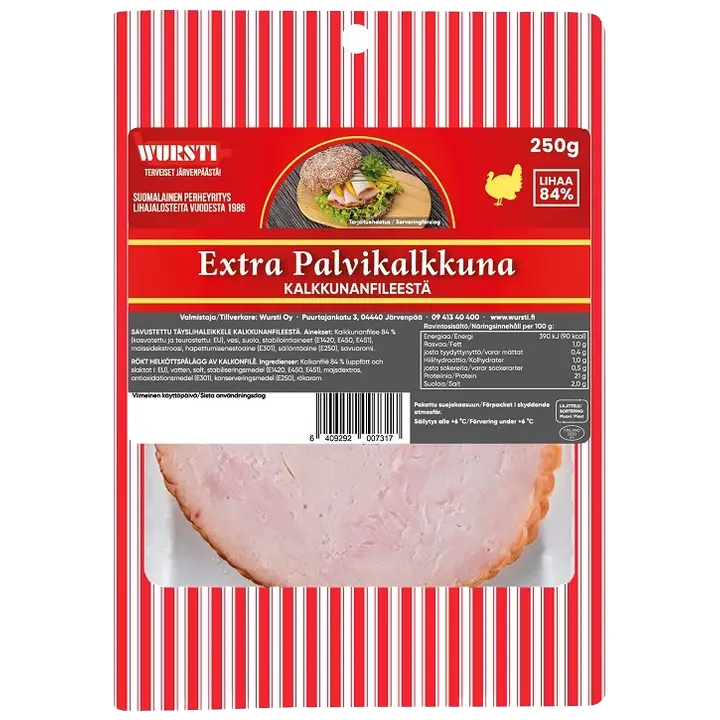 Wursti Extra Palvikalkkuna 250g kalkkunan- ja broilerinfileestä