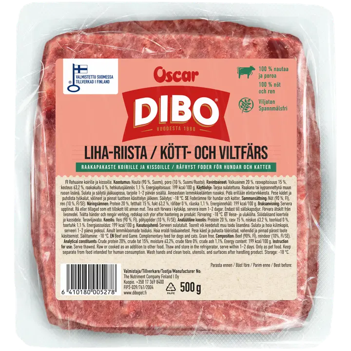 DIBO Liha-riista raakapakaste koirille ja kissoille 500g