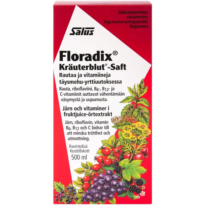 Salus Blutsaft Floradix rautaa ja vitamiineja täysmehu-yrttiuutoksessa 500ml