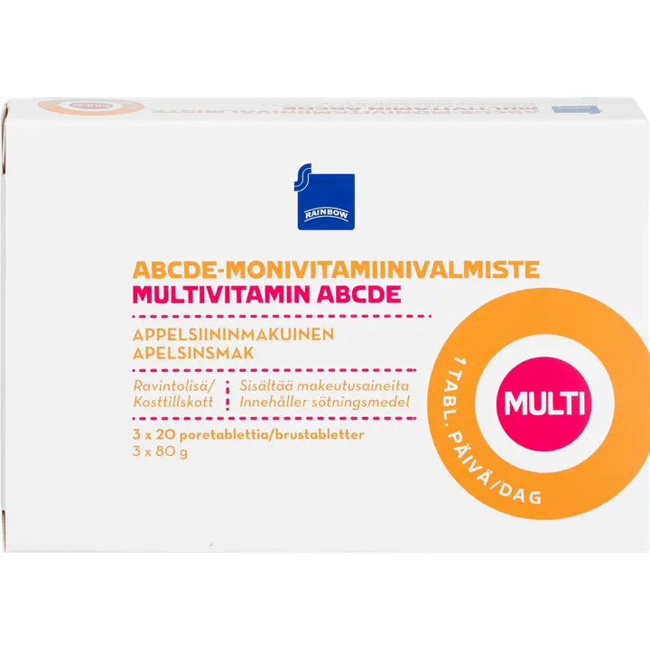 Rainbow ABCDE-moniviitamiiniporetabletti appelsiininmakuinen ravintolisä 3x20kpl/3x80g